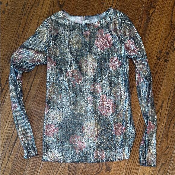 Free People size medium silver pink rose sequin Fitted Long Sleeve Blouse - Picture 1 of 4